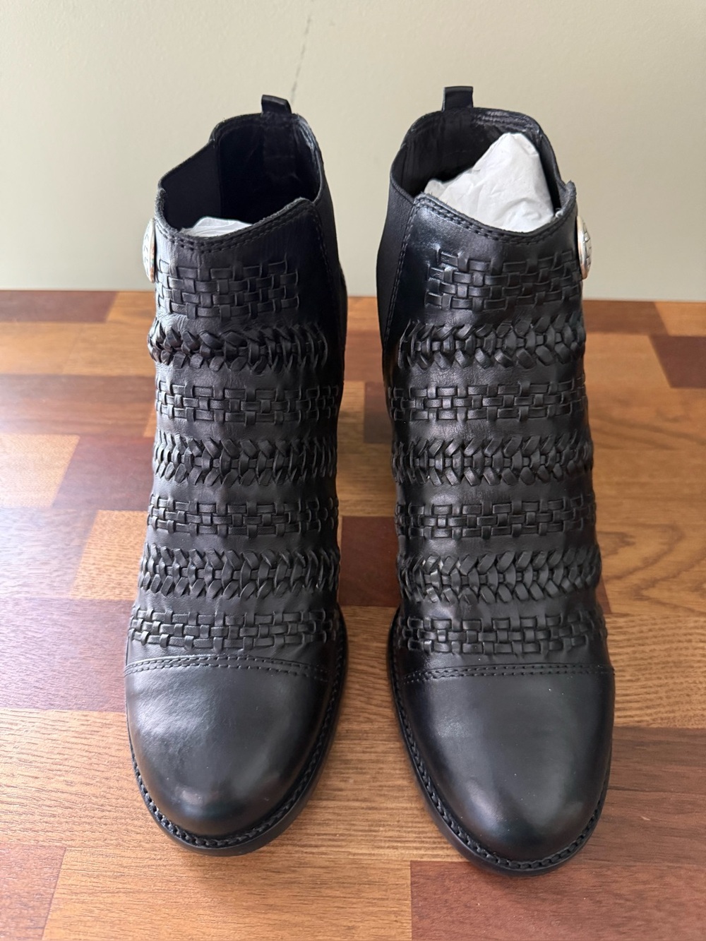 NWT Brighton Woven Leather Ankle Boots - Black SZ 9 Never Worn